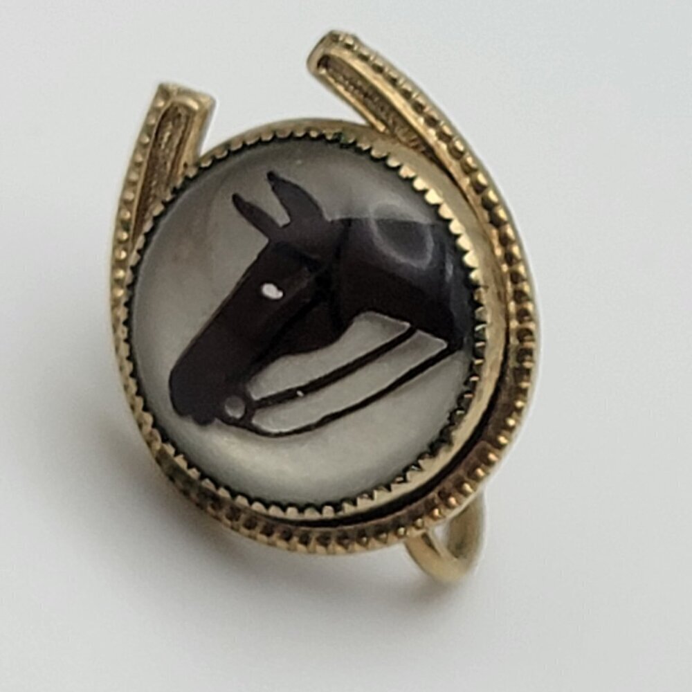 Vintage Gold Filled Race Horse Head Glass Dome Horseshoe Stud Screwback Earrings - Picture 4 of 7